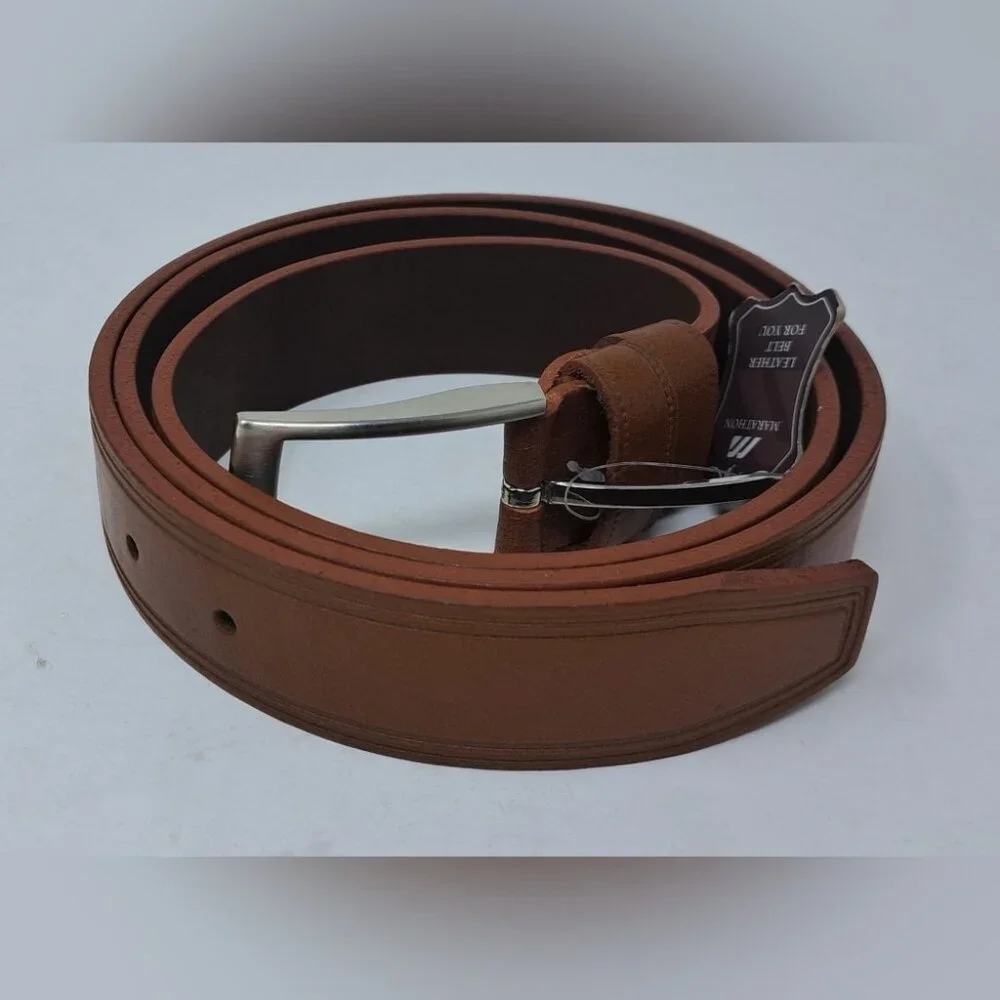 NWT Marathon Men's Leather Belt Brown Silver Buckle Size 41-45